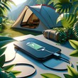 Smartphone with Charger Icon in Tropical Camping Setting