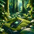 Smartphone Charging in Tropical Forest on Moss Stone Floor