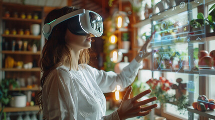 woman wearing white virtual reality glasses clicks on the shopping cart icon with a hand gesture while standing in her home kitchen. Online shopping concept in augmented reality glasses