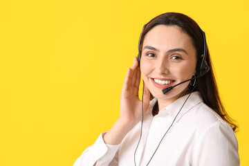 Sticker - Female technical support agent in headset on yellow background