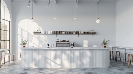 Wall Mural - White coffee shop interior with bar counter hyper realistic 