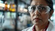 The picture of the senior south asian female pharmaceutical researcher in the laboratory and wearing lab coat and safety glasses, the researcher require the research technique and knowledge. AIG43.