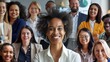 © Business Pics - Collage of diverse businesspeople smiling while working in an office hyper realistic