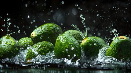 Wall Mural - Ripe Avocados Splashing into Black Water Tank with Vibrant Water Droplet Patterns and Contrasting Colors