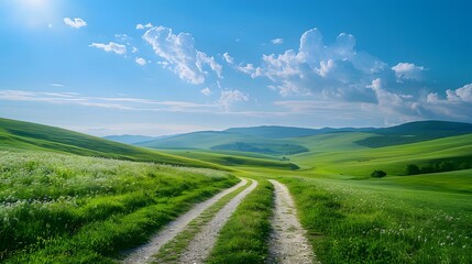 Beautiful green grass landscape with path and blue sky, summer nature background. Panoramic view of meadow in spring or autumn season. Green hills on horizon, blue clear cloudless sunny sky. 