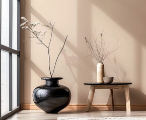 Minimalist zen interior design in beige with natural elements and window lighting. Relaxing interiors, meditation spaces.