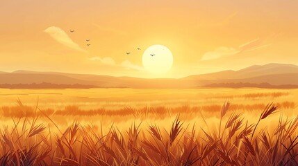 2D Flat illustation Landscape Concept of a Golden Wheat Field at Sunrise, with Copy Space for Agricultural Beauty, Shot by a Professional Camera