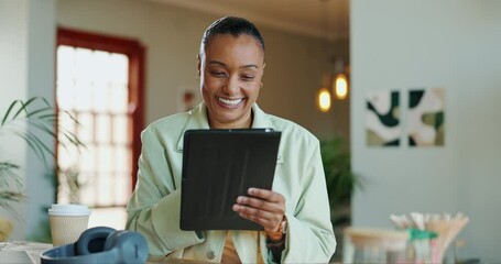 Home, smile and woman with typing on tablet for communication, funny message and notification. Happy, house and female person with digital technology for online post, social media and comedy chat