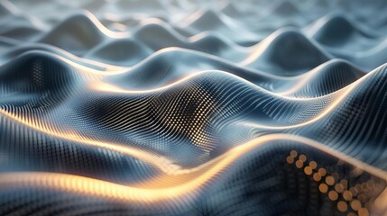 Hypnotic geometric array in metallic tones, set against a backdrop of soft, technology-inspired 3D waves