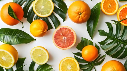 Wall Mural - Fruit pattern with oranges, lemons and grapefruits surrounded by tropical leaves on a white background in a flat lay top view. A colorful summer food concept for a banner or poster design presented in