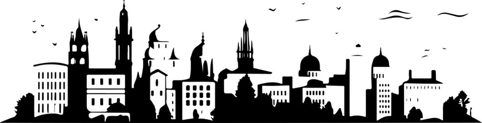 Wall Mural - A city skyline with tall buildings and a church. Monochrome isolated vector cityscape