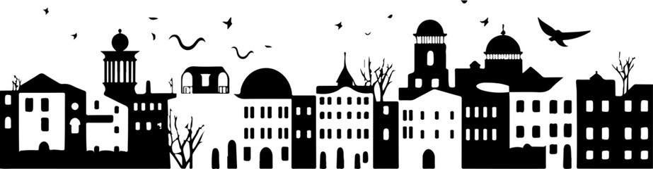 Wall Mural - A city skyline with tall buildings and a church. Monochrome isolated vector cityscape