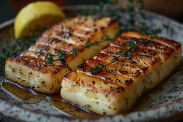 Wall Mural - grilled Halloumi on a plate adding honey, lemon juice and thyme