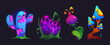 Magic fantasy wonderland tree, flower and mushroom. Cartoon vector illustration set of game neon glowing fantastic plants for bizarre alien forest design. Beautiful luminous strange garden vegetation.