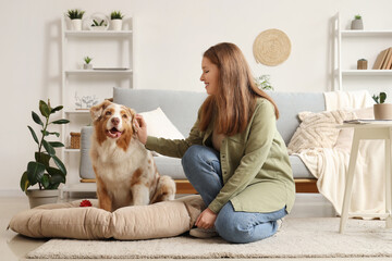 Poster - Young woman with cute Australian Shepherd dog on pet bed at home