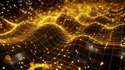 Wall Mural - Glowing yellow wireframe wavy topographic tech neon background. Generative AI