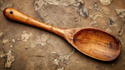 A wooden spoon is sitting on a stone surface