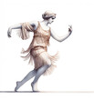 Illustration of a Roman statue dressed in a 1920s flapper dress, poised in a dance move.