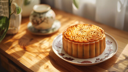 Wall Mural - Mooncakes are placed on a beautiful white ceramic plate with traditional motifs. The surface of the Mooncake cake is shiny with an attractive gold color, Ai generated Images