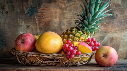 Wall Mural - Tropical fruits displayed in a basket on a wooden surface mango pineapple rose apple and mulberry