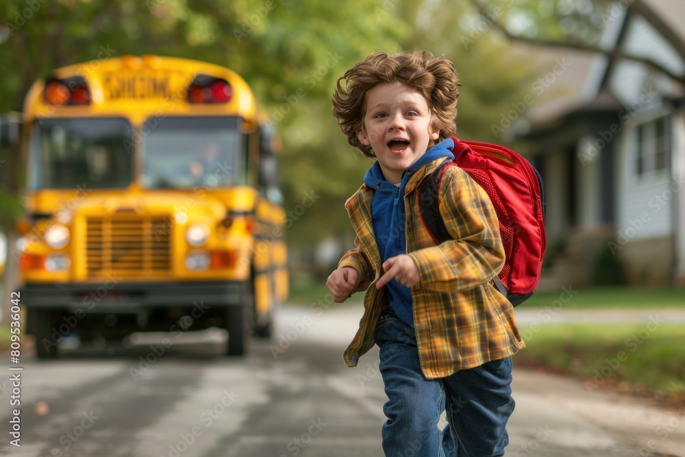 Kid with a funny expression on his face runs late for the school bus ...