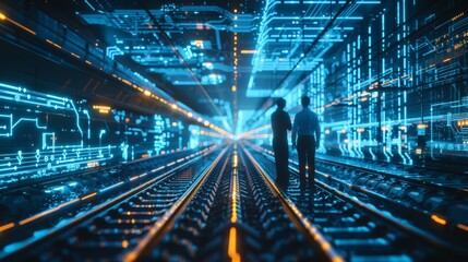 A glowing blue circuit board with two people walking down a railroad track.