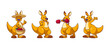 Funny happy kangaroo character mascot. Cartoon wallaby in different poses and face emotions. Australian animal standing in hat with apples in basket, boxing in red gloves, with hands on sides and up.
