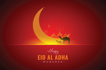 Canvas Print - Bakrid eid al adha festival wishes or greeting card or banner design with mosque, sheep, moon, camel, and red background social media wishing banner vector illustration