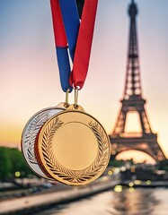 Wall Mural - olympic meadal with paris in background