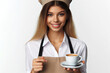 friendly girl barista with a cup of coffee on a white background