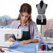 Seamstress girl working isolated on a white background