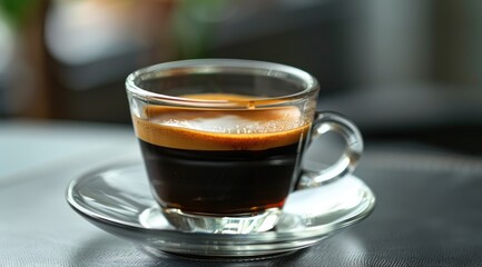 Glass cup with espresso coffee.