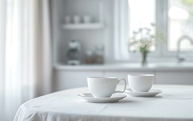 White coffee cup on white table in modern kitchen