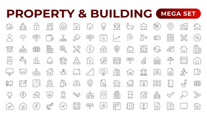 Set of line icons related to real estate, property, buying, renting, house, home. Outline icon collection. Vector illustration.Real estate Big UI set in a flat design. Thin outline pack.