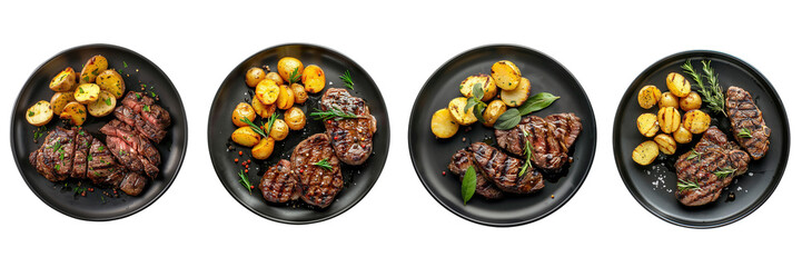 Wall Mural - Set of black plate of grilled beef steaks and potatoes top view isolated on a transparent background