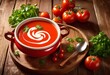 creamy tomato soup bowl swirl cream garnish, puree, bisque, broth, topping, presentation, gazpacho, drizzle, vegetable, plate, milk, mash, stew, sauce, mix