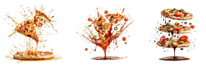 Set of Pizza in the air with sauce splash isolated on a transparent background