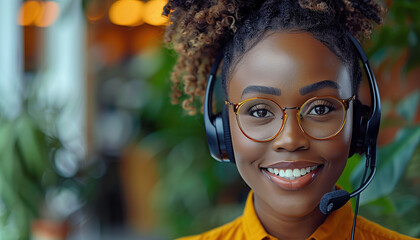 Wall Mural - Happy call center agent wearing a headset talking to a client working in customer support
