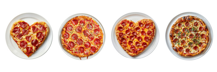 Wall Mural - Set of round and love shaped Pizza with tomato sauce and fully cheese, on a white plate, top view isolated on a transparent background