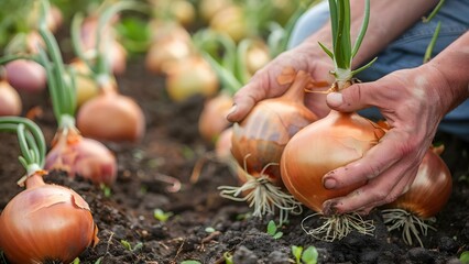 Wall Mural - Closeup of farmers hands holding onion in field showcasing planting and harvesting. Concept Agricultural, Farming, Harvest, Crops, Field