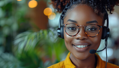 Wall Mural - Happy call center agent wearing a headset talking to a client working in customer support