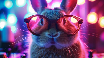 Wall Mural - A rabbit wearing glasses is staring at the camera