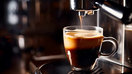 Wall Mural - Close-up of freshly brewed espresso with thick foam pouring from the coffee machine