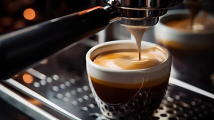 Wall Mural - Close-up of freshly brewed espresso with thick foam pouring from the coffee machine