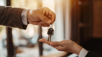 Close-up of two people's hands exchanging keys. Real estate, housing transactions between a broker or landlord and a buyer or tenant. Generative AI