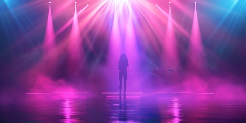 A woman stands in front of a stage with bright lights and smoke. The lights are pink, purple, and blue, creating a vibrant and energetic atmosphere. The woman is singing into a microphone