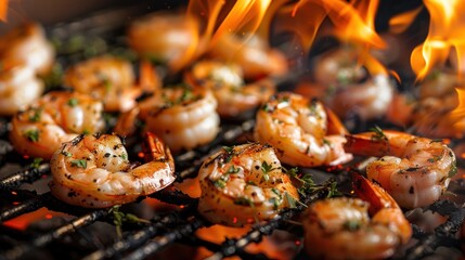 Wall Mural - A close-up view of shrimp sizzling on a grill with flames underneath
