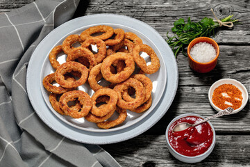 Canvas Print - deep fried crispy onion rings on grey plate