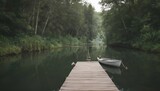 Fototapeta Motyle - A wooden dock stretching out into a calm river wi upscaled 4