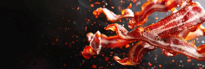 Wall Mural - A close up of bacon strips with a black background. The bacon is falling and splattering, creating a messy and chaotic scene. Concept of indulgence and temptation